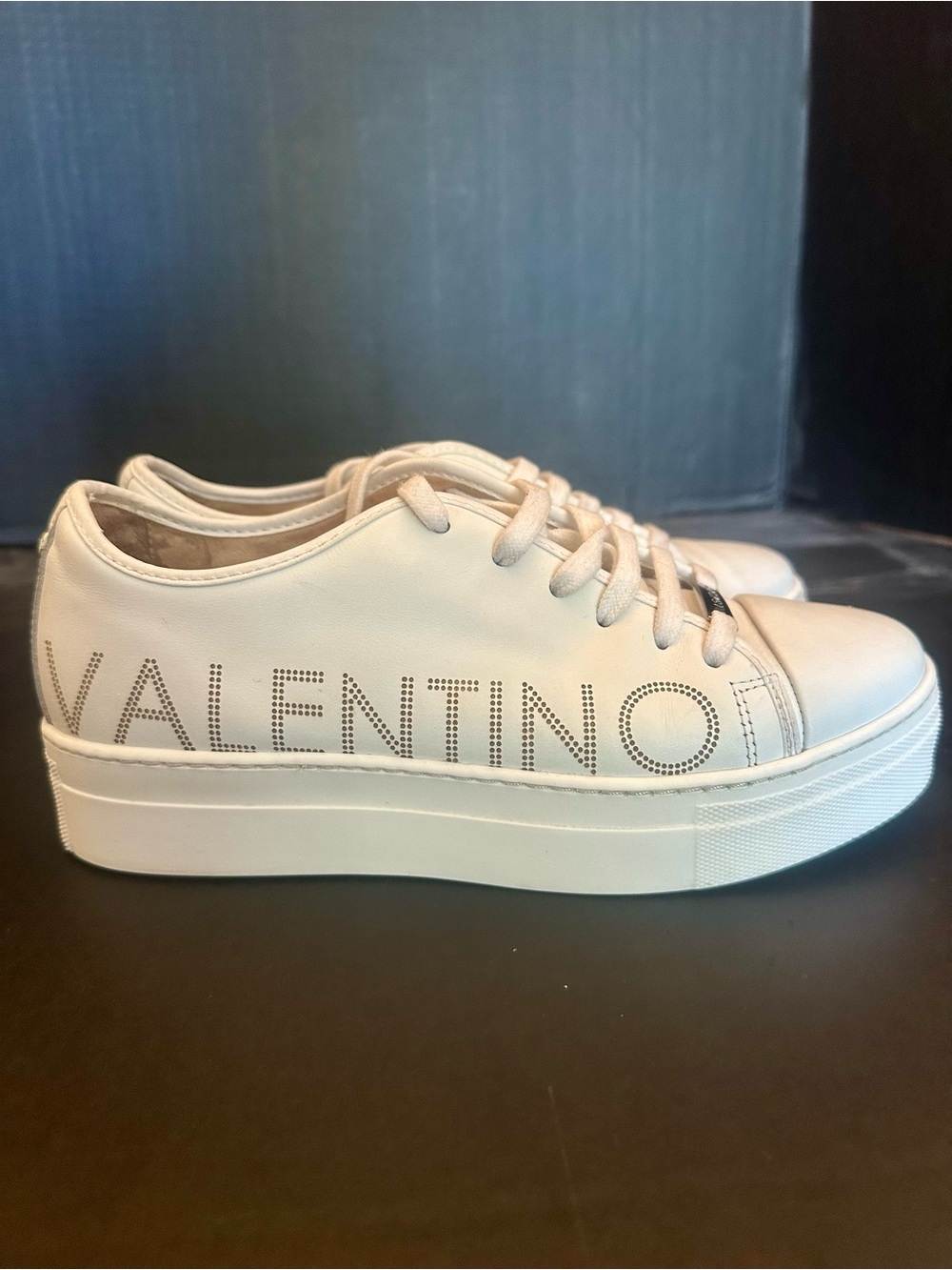 Valentino white Platform Leather Lace-Up Sneakers with Logo Studs